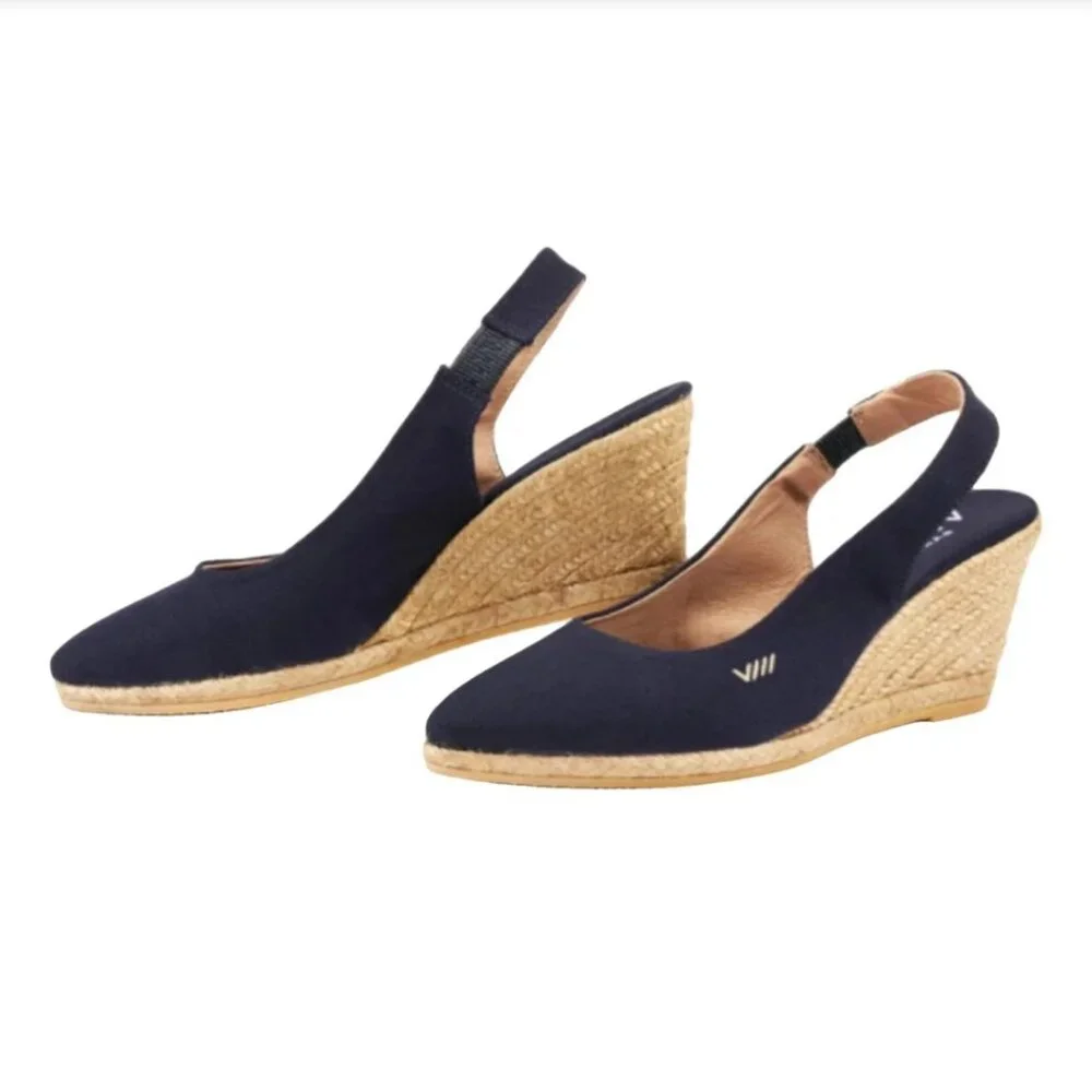 Navy Espadrille Wedge Slingback Shoes - Picture 1 of 9